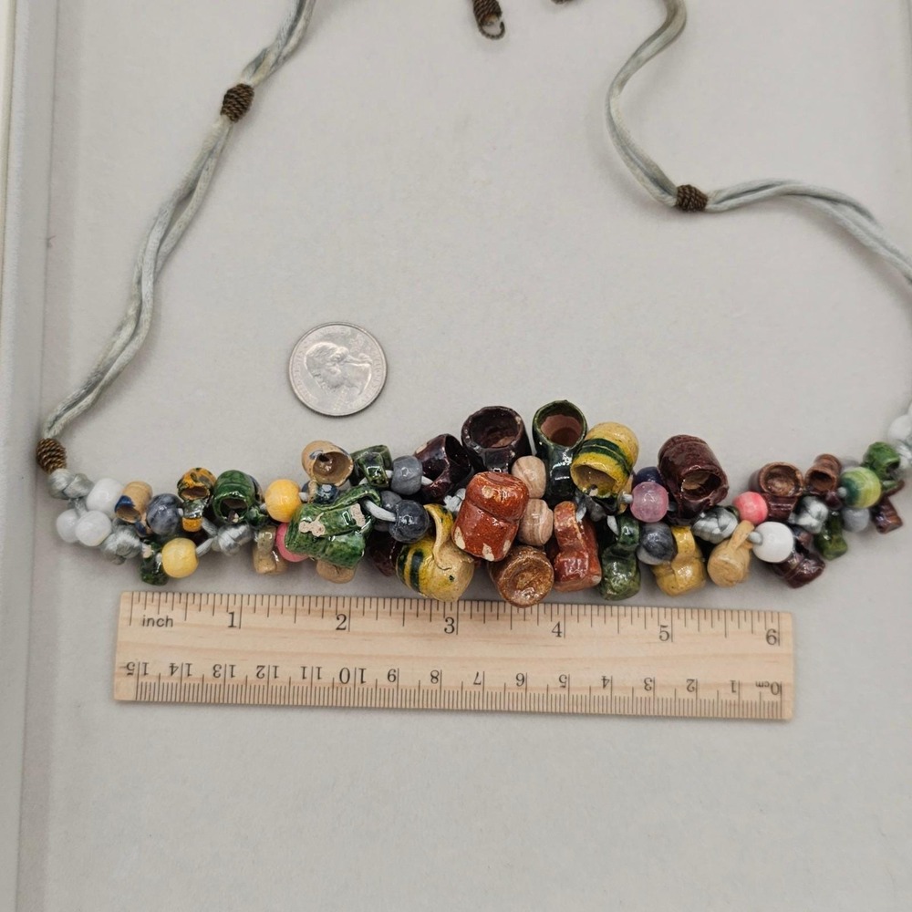Vintage Folk Art Pottery Mug Bead Necklace Ceramic Tankard Bib Statement Boho - Picture 6 of 14